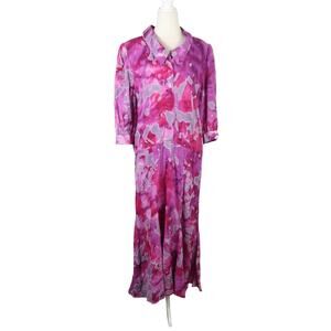 Vintage 80s Magenta Purple Psychedelic Tie Dye Print Midi Dress L